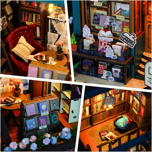 Miniatura 6 de Kit de manualidades para rincón de lectura con caja de música, casa de muñecas de madera con rompecabezas 3D y luz led, kit de casa en miniatura