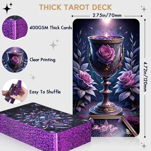 Miniatura 4 de Baraja de cartas de tarot para principiantes con libro guía, bonita y única de 400 GSM gruesa rosa morada (original) cartas de tarot oráculo