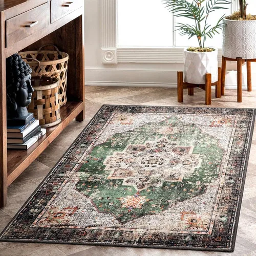 Miniatura 7 de Alfombras pequeñas de 2x3 pies para entrada, alfombra bohemia verde para baño, pasillo, alfombras de cocina vintage antideslizantes lavables