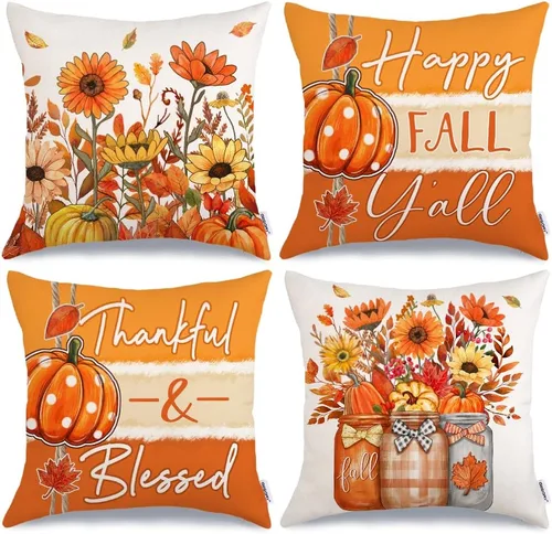 Miniatura 19 de GEEORY Juego de 4 fundas de almohada de otoño de 18 x 18 pulgadas, diseño de calabazas y tarros de masón, decoración agradecida, fundas de cojín