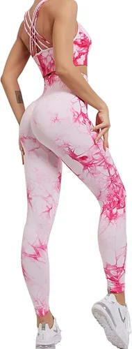 YuMENo Conjuntos de entrenamiento de teñido anudado para mujer, 2 piezas, sin costuras, cintura alta, leggings de yoga con brasier deportivo, ropa