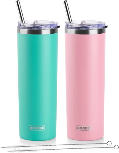 Miniatura 23 de Koodee - Vaso delgado de acero inoxidable de 20 onzas (4 unidades) aislado con doble pared, vaso de agua con 4 tapas, 4 popotes y 2 cepillos