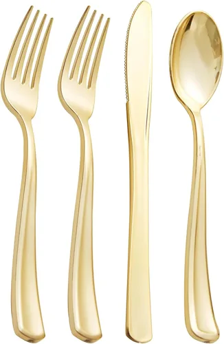 Supernal 360 piezas de cubiertos de plástico dorado resistentes desechables. Juego de cubiertos dorados incluye 120 tenedores, 120 cuchillos, 120