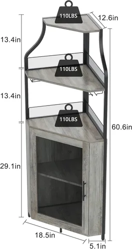 Miniatura 2 de GAOMON Armario esquinero para bar de vinos con estante desmontable para vinos, armario de bar con soporte para vidrio, aparador pequeño y gabinete
