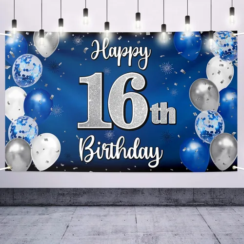 Decoraciones de feliz cumpleaños número 16, globo azul y plateado grande cartel de fondo de cumpleaños de 16 años, suministros para fiesta de 16º