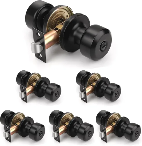 KNOBWELL - Paquete de 6 manijas de privacidad para puerta, color negro mate, con cerradura, para baño y uso interior
