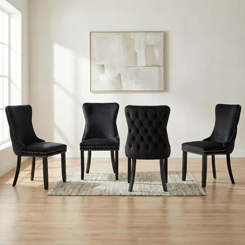 Miniatura 22 de OVENTA Juego de 4 sillas de comedor modernas tapizadas con respaldo completo, sillas de comedor de terciopelo dorado con patas de madera maciza