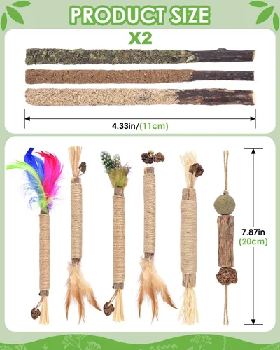 Miniatura 5 de TINDTOP Juguetes masticables para gatos, paquete de 12 palitos masticables Silvervine con 2 bolas de jaula para limpieza de dientes de gatitos