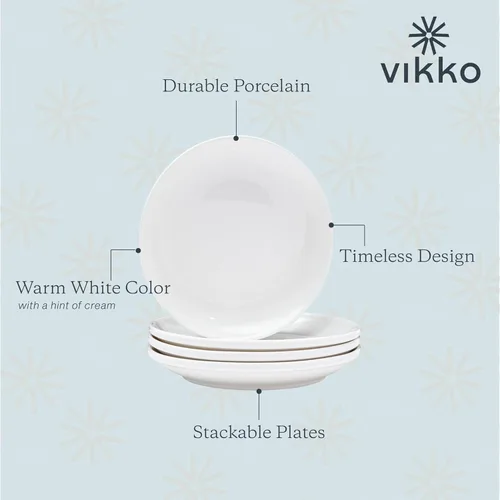 Vikko Plato de postre, juego de 4 platos blancos, porcelana fina, platos de postre apilables de 6 pulgadas, apto para lavavajillas, plato de postre