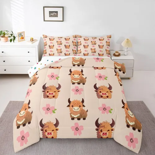 Miniatura 48 de Juego de ropa de cama de vaca de las tierras altas, edredón de ganado de las tierras altas, juego de edredón rosa floral de vaca occidental, juego