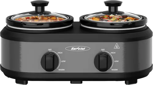 Sunvivi Doble olla de cocción lenta, servidor de buffet y calentador con 2 ollas de cerámica extraíbles, 3 ajustes de temperatura ajustables y 2 Gris