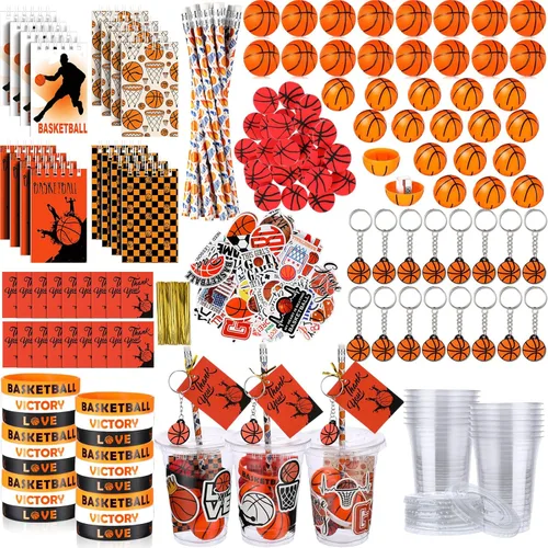 Colarr 195 piezas de regalos de cumpleaños de baloncesto, regalos de fiesta, equipo deportivo, tazas, lápices, mini libros, llaveros, pulseras,