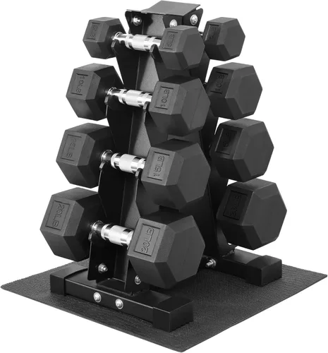 Miniatura 9 de Fitvids Juego de mancuernas hexagonales recubiertas de goma con estante de almacenamiento, juego de pesas de mano de 100/150/200/550 libras
