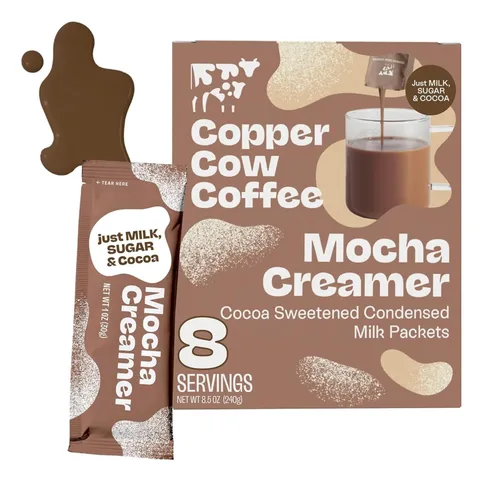 Copper Cow Coffee sobres de crema de moca endulzada con leche en envase individual (paquete de 8) | Crema de café inspirada en Vietnam, paquetes de