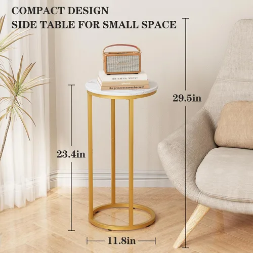 Miniatura 3 de Mesa auxiliar en forma de C, mesa auxiliar redonda de madera para sofá, mesa de sofá pequeña con marco de metal para dormitorio, sala de estar