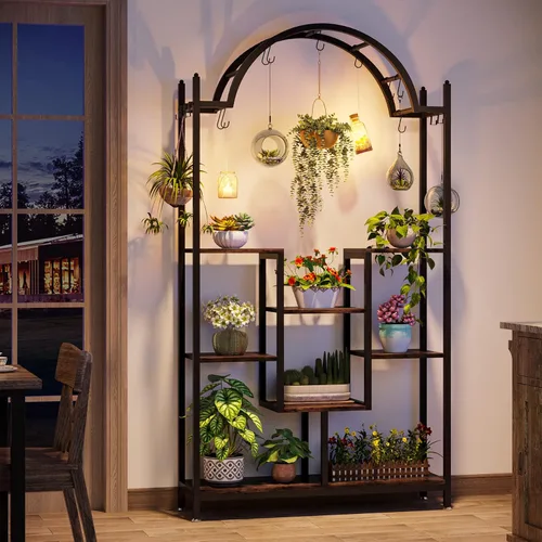 Miniatura 3 de Tribesigns Soporte alto para plantas de interior de 5 niveles, estante de flores de metal arqueado de 74.8 pulgadas con ganchos para colgar, estante