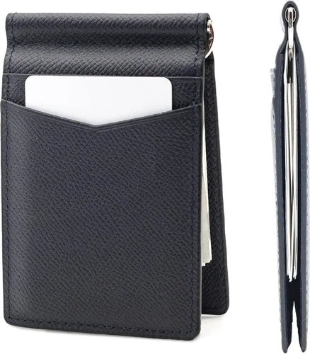 Billetera plegable súper delgada, de piel auténtica, minimalista, con bolsillo frontal, para hombre, con clip para dinero, bloqueo RFID, Negro -,