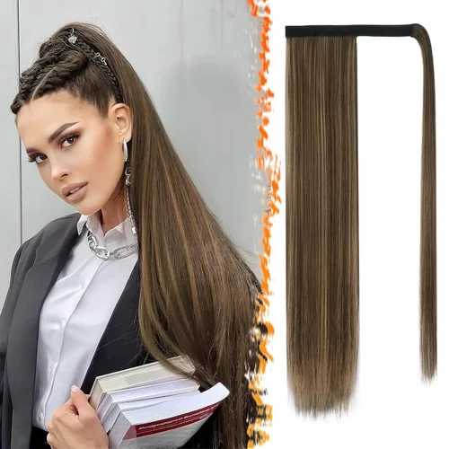 Miniatura 62 de BARSDAR Extensión de cola de caballo de 28 pulgadas largo recto envoltura alrededor del clip en pelo de fibra sintética para mujeres, negro