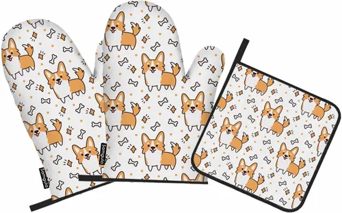 Miniatura 26 de Juego de guantes de horno y soportes para ollas de béisbol, diseño de cordones de softbol, resistentes al calor, 3 piezas para cocinar, hornear