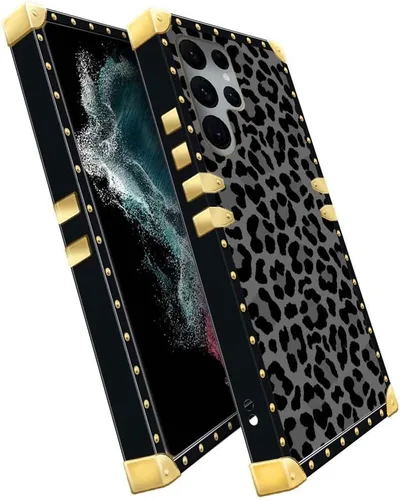 Miniatura 2 de DAIZAG Compatible con Samsung Galaxy S22 Ultra, B Funda de leopardo negro de lujo elegante para mujeres y niñas, decoración de metal, esquina