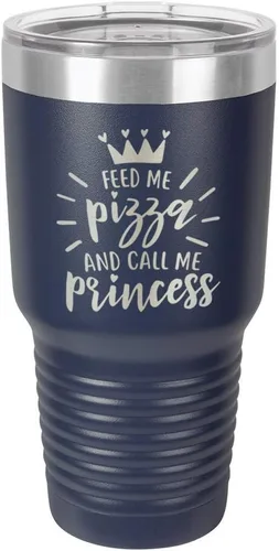 Miniatura 17 de Vaso grabado con pajita y tapa superior deslizante de acero inoxidable para viaje con texto en inglés "FEED ME PIZZA AND CALL ME PRINCESS