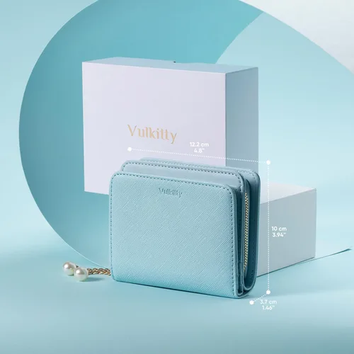 Miniatura 7 de Cartera para mujer con colgante de perlas RFID bloqueo tarjeta de crédito cartera de cuero premium, Celeste, Minimalista
