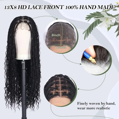 Miniatura 3 de Alebery Pelucas Trenzadas de Caja Bohemias Sin Nudos de Encaje Frontal HD 13X8 para Mujeres Negras Pelucas de Trenzas de Caja Bohemias con Rizos