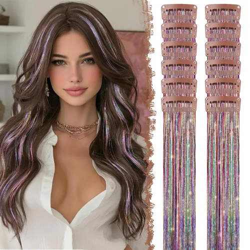 Miniatura 36 de FESHFEN Extensiones de cabello con clip de colores, 16 piezas de 8 colores resaltados, piezas de cabello sintético lacio con clip para mujer, 22