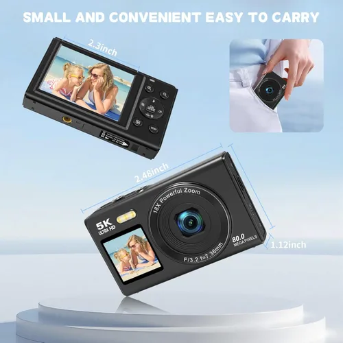 Miniatura 2 de Cámara digital 5K de pantalla dual para videoblogs con luz de relleno - 80MP, zoom 16X, WiFi, para YouTube/blogs, incluye tarjeta de 32GB y 2