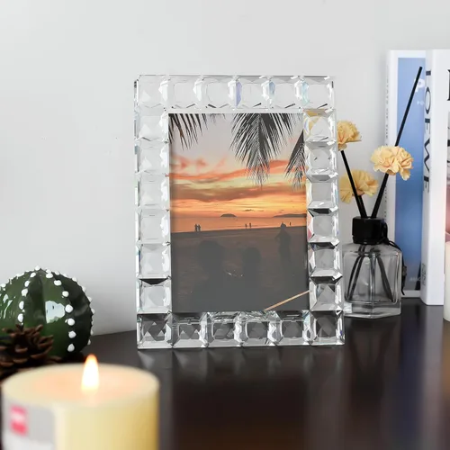 Miniatura 4 de Marco de fotos de cristal de lujo, diseño de cuadrícula de diamante, marco de fotos de recuerdo de boda, marco de decoración de mesa, transparente
