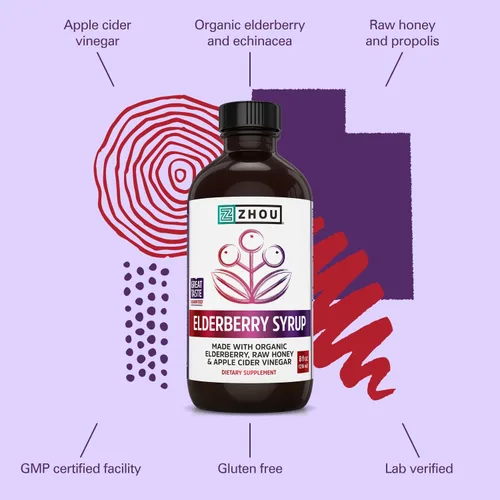 Miniatura 4 de Zhou Nutrition - Jarabe de saúco negro orgánico para adultos, elixir de apoyo inmunológico con vinagre de sidra de manzana, tintura de equinácea