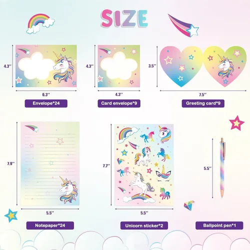 Miniatura 6 de WERNNSAI Juego de 69 cartas y sobres de papelería, unicornio para niños, papel de escritura y sobre, regalos de cumpleaños de Navidad para niñas