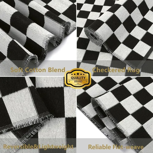 Miniatura 4 de Seavish Alfombra a Cuadros, 2x3 Pies, Alfombra Marroquí a Cuadros Negra y Blanca, Lavable, de Algodón Tejido, Alfombras Lavables para Exteriores