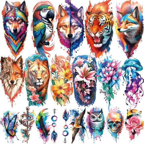 Miniatura 13 de 77 hojas de tatuajes temporales, tatuajes falsos realistas de medio brazo de león, lobo, búho, alce, serpiente, mariposa, rosa para niñas y niños