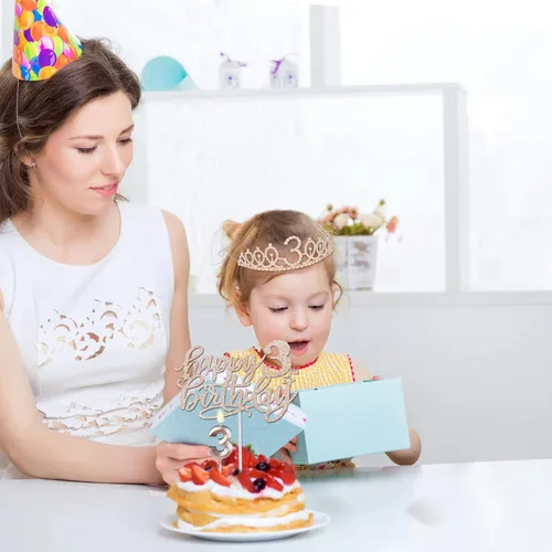 Miniatura 3 de Decoraciones de cumpleaños de 3 años para niñas; banda, corona/tiara, velas y adorno para pastel de cumpleaños de 3 años; regalos y decoraciones