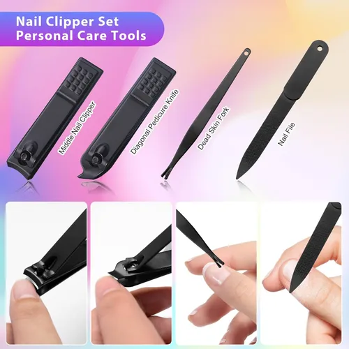 Miniatura 4 de CGBE Juego de cortaúñas, 12 piezas de acero inoxidable para hombres, juego de manicura y pedicura para regalos para hombres, color negro