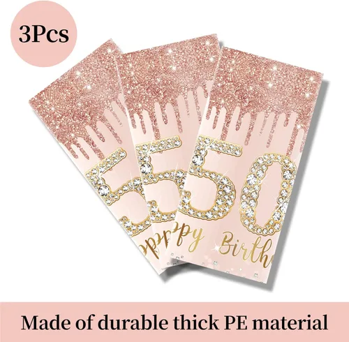 Miniatura 4 de Excelloon Paquete de 3 Manteles de Cumpleaños 50, Mantel de Cumpleaños Feliz de Rosa Púrpura y Oro Rosa, Mantel Desechable de Plástico Rectangular