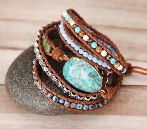 Miniatura 3 de ZOSOJONA - Pulseras bohemias hechas a mano de piedra natural, que dan vuelta, con cuentas de cristal de turquesa