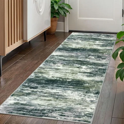 Miniatura 198 de KOZYFLY – Alfombra de pasillo moderna y lavable de diseño abstracto verde, 2 x 5 pies, antideslizante, suave y de pelo corto, ideal para cocina