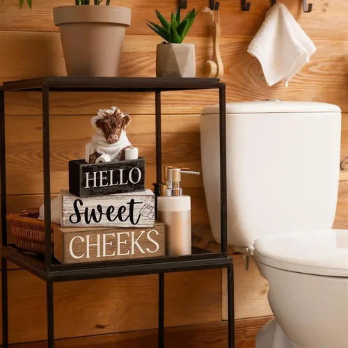Miniatura 5 de Moucuny 4 piezas de estante de baño, decoración de baño de vaca de las tierras altas, decoración de baño y accesorios rústicos de hojas de eucalipto