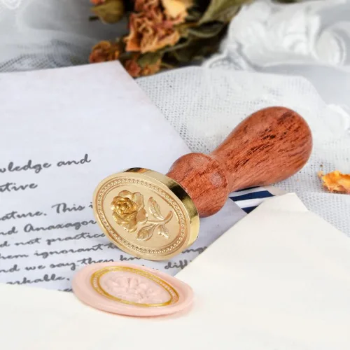 Miniatura 4 de Sello de cera - Flor de rosa en relieve, cabeza ovalada de latón con mango de madera