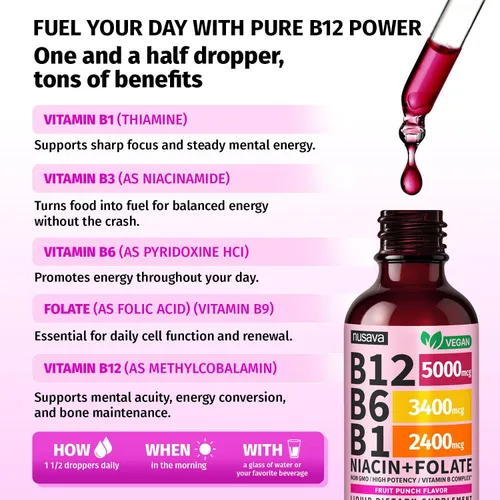 Miniatura 3 de Paquete de (2) Gotas líquidas de vitamina B12 y B6, vitamina B compleja sublingual B12 - Vitamina B 12 5000 mcg - Metilcobalamina B12 para energía