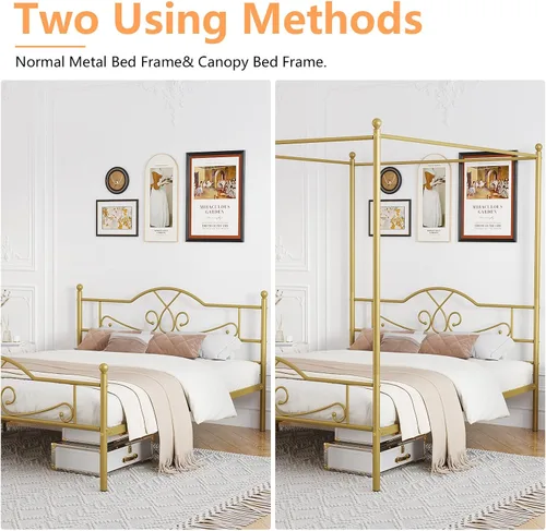 Miniatura 5 de Weehom - Estructura de cama con dosel individual, con cabecero y pie de cama, cortinas de cuatro postes de metal, diseño de plataforma de cama