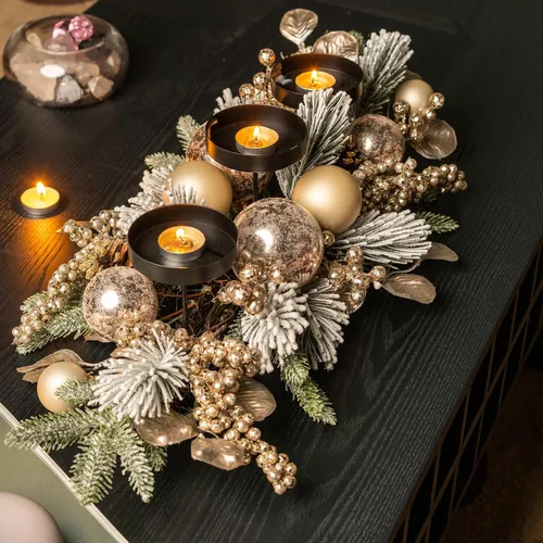 Miniatura 3 de YULETIME Candelabro triple de Navidad de 28 pulgadas, portavelas navideño con tres bandejas, bolas doradas, bayas y hojas doradas, agujas de pino