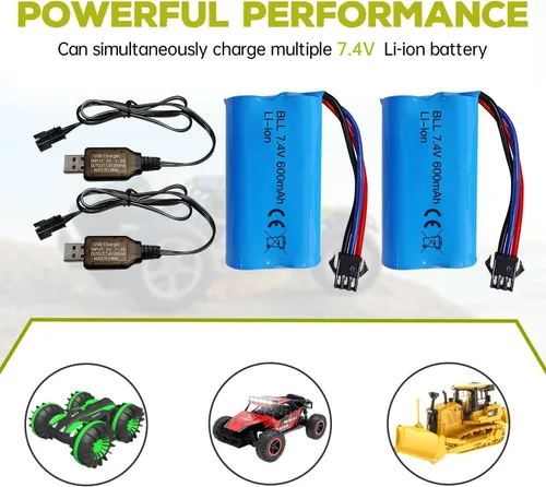 Miniatura 4 de 2 unids 7.4 V 600 mAh 2S batería de iones de litio con enchufe SM-3P con 2 unids cable de carga USB para DE82 TK3086B G20601 RC juguete RC coche