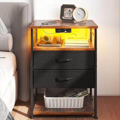 Miniatura 7 de AODK Mesita de noche con estación de carga, mesa auxiliar para dormitorio, mesita de noche alta con cajones, mesita de noche pequeña