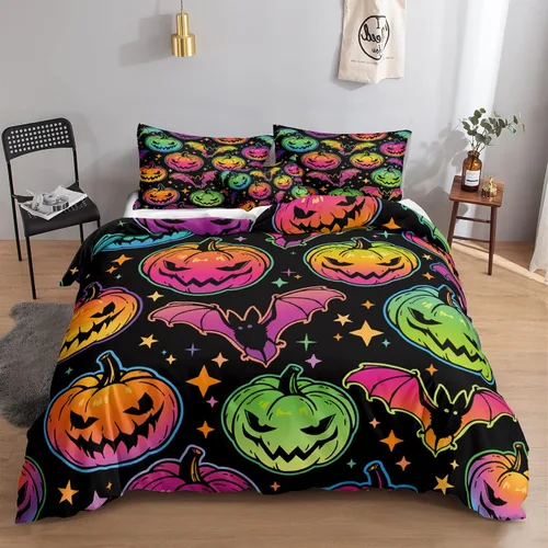 Miniatura 13 de Juego de funda de edredón de calabaza para Halloween, divertido diseño de calabaza malvada, color negro, juego de ropa de cama Tiwn 1 funda