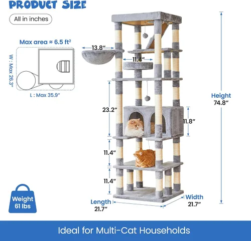 Miniatura 6 de MWPO Árbol grande para gatos de 74.8 pulgadas con postes rascadores cubiertos de sisal y condominio, torre alta para gatos, muebles de patio