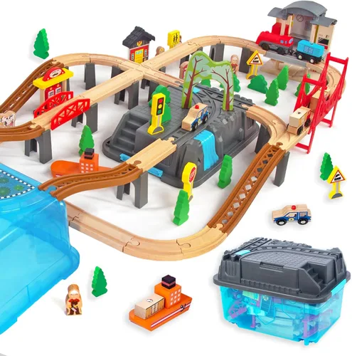 100 piezas de juego de tren de madera para niños de 3 años, juego de tren de doble cara con pistas, puente, estación de tren y caja de