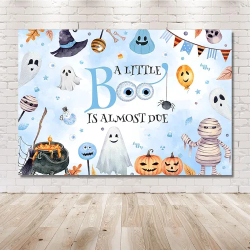 Miniatura 6 de MEHOFOND Telón de fondo de Halloween de 7 x 5 pies con texto en inglés "A Little Boo is Almost Due Pumpkin Photography Background Blue Watercolor